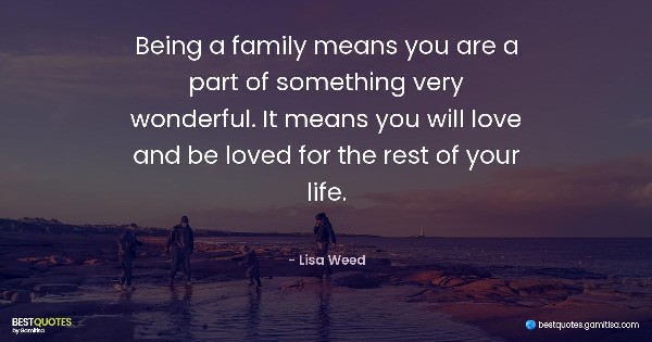 Being a family means you are a part of something very wonderful. It means you will love and be loved for the rest of your life. - Lisa Weed