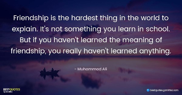 Friendship is the hardest thing in the world to explain. It’s not something you learn in school. But if you haven’t learned the meaning of friendship, you really haven’t learned anything. - Muhammad Ali