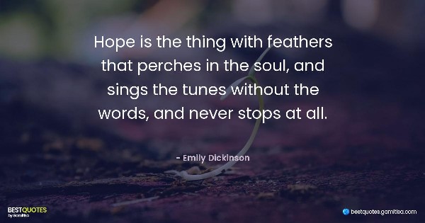 Hope is the thing with feathers that perches in the soul, and sings the tunes without the words, and never stops at all. - Emily Dickinson