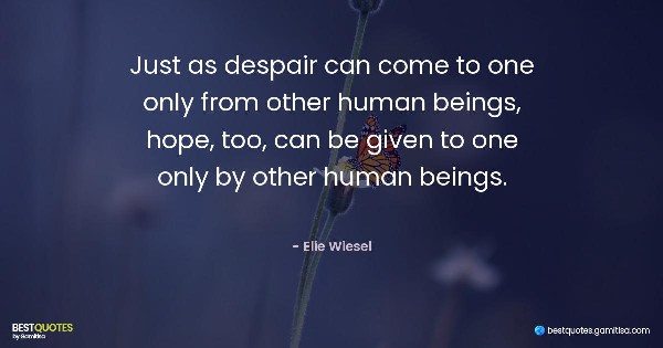Just as despair can come to one only from other human beings, hope, too, can be given to one only by other human beings. - Elie Wiesel