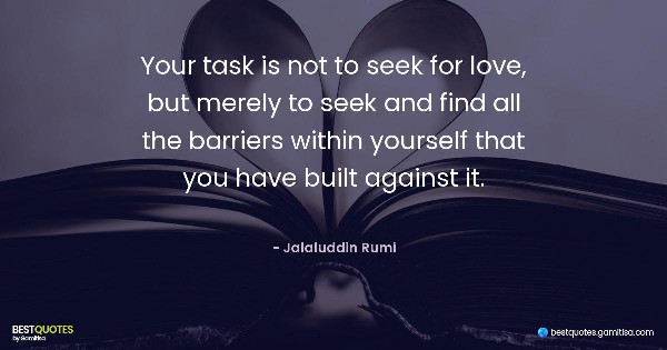 Your task is not to seek for love, but merely to seek and find all the barriers within yourself that you have built against it. - Jalaluddin Rumi