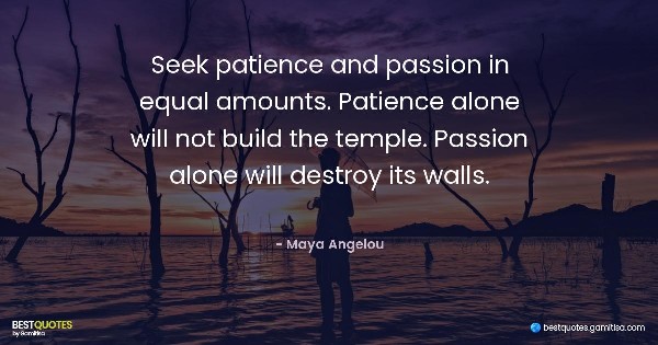 Seek patience and passion in equal amounts. Patience alone will not build the temple. Passion alone will destroy its walls. - Maya Angelou